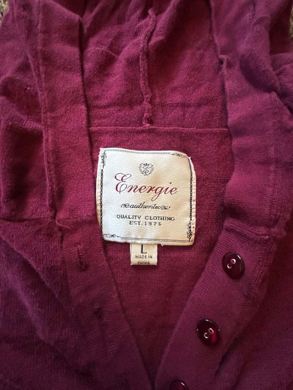 Energie Authentic Long Sleeve Hooded Henley Sweater Magenta Size Large - Picture 3 of 5